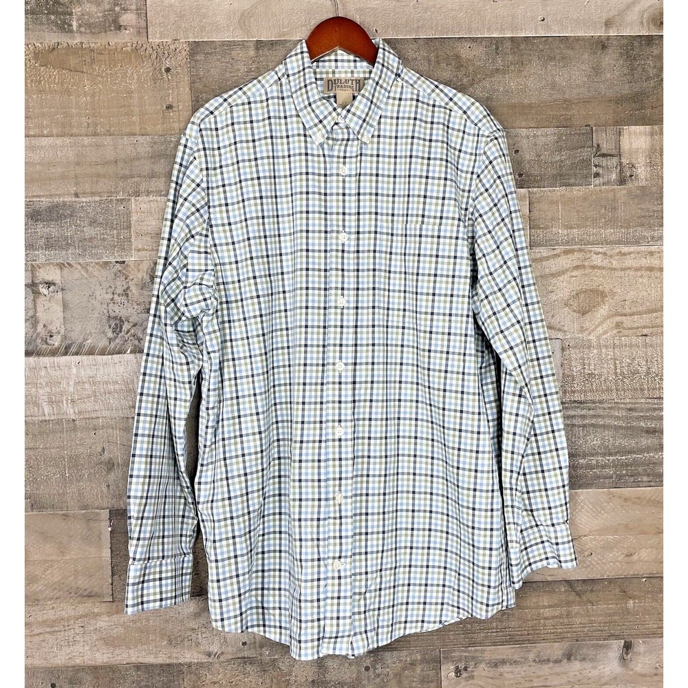 Duluth Trading Co Men LT Wrinkle Fighter Button Front Shirt White & Green Plaid